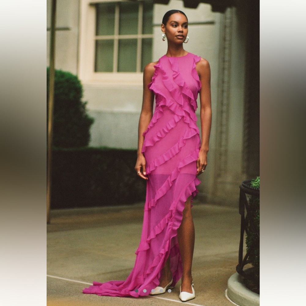 Anthropologie Elegant Pink Ruffle Evening Gown